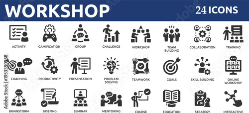 Workshop 24 icon set. Containing team building, collaboration, teamwork, coaching, problem-solving and education icons.