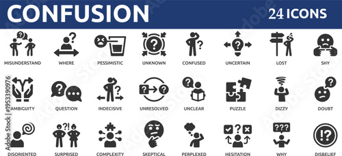 Confusion 24 icon set. Containing confused, uncertain, lost, unclear, misunderstand, hesitation, ambiguity, perplexed and more.