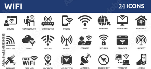 Wifi 24 icon set. Containing online, signal, wireless, internet, computer, connect, hotspot, offline, wifi router and more.