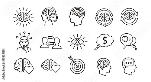 Collection of handdrawn mind and idea icons including sun, brain, gears, and speech bubble illustrations.