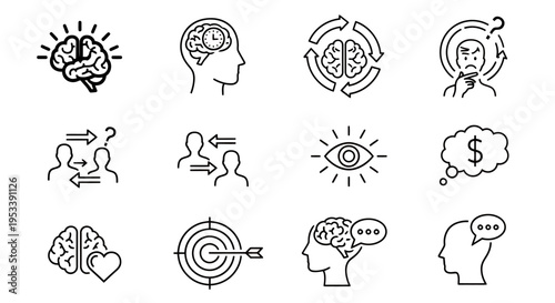 Minimalist line icons illustrating minds, emotions, and human activity.