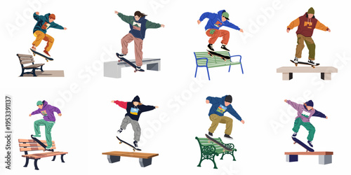 Collection of diverse skateboarders performing various street tricks on park benches and ledges, flat vector illustration isolated on a white background.