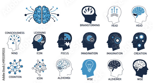 Collection of Brain and Mind Concept Icons Illustrating Cognition and Thinking.