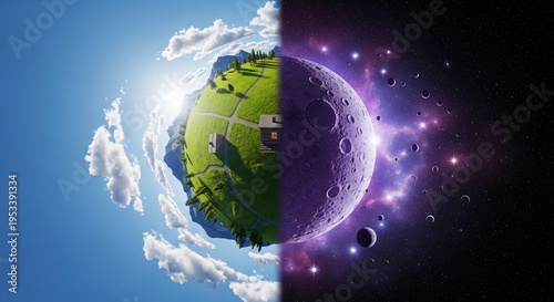 Striking conceptual split sphere illustrating day and night across Earth and space, perfect for science education, environmental awareness, astronomy topics, Earth Day promotions,