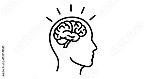 Illustration of a thinking mind with brain and radiant ideas.
