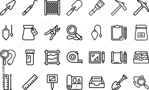 Archaeology Excavation Field Tools Outline Icon Set 28 Pack - Archaeological Dig Site Equipment Line Art Vector Collection
