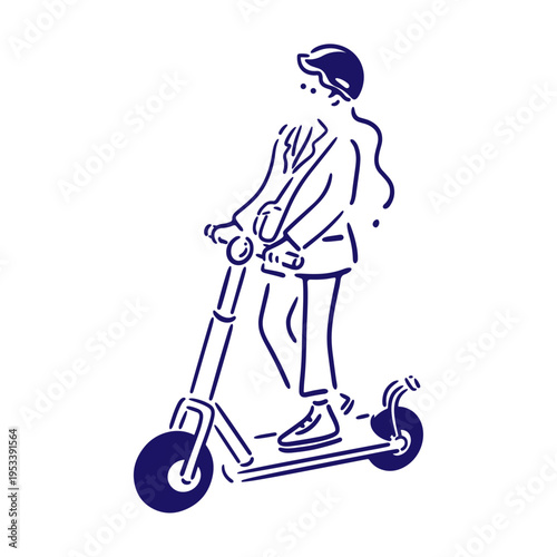 ヘルメットを着用し電動スクーターに乗る女性のイラスト