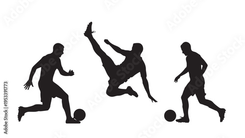 Set of 3 black soccer player silhouettes vector