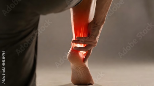 Foot arch pain and plantar fasciitis symptoms. Orthopedic health and podiatry care. Senior man holding his painful sole and foot while sitting in a living room