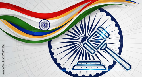 Indian law symbol with gavel and wheel on white background with tricolor flag