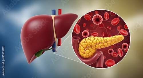 Human liver and pancreas illustration with magnified view of pancreatic cells and red blood stream