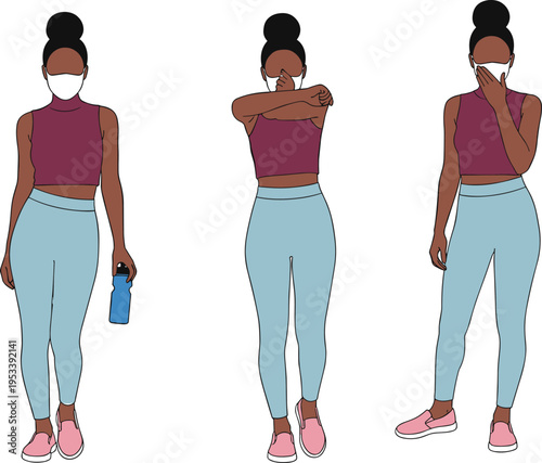 Three illustrations of a person demonstrating hygiene practices including wearing a mask, sneezing into elbow, and touching face, promoting health safety, prevention, and awareness.