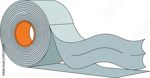 Vector illustration of a roll of grey duct tape with an orange core, heavy duty adhesive repair tape for industrial, construction, and home DIY maintenance.