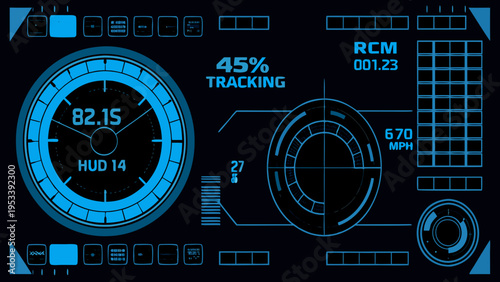 Futuristic heads up display showing tracking data speed and time
