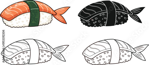 Vector illustration set of Ebi Nigiri shrimp sushi featuring colorful, black silhouette, and linear line art styles for Japanese cuisine menu design and branding.