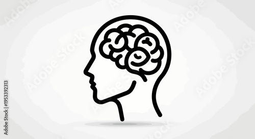 Side profile illustration of a human head featuring a brain outline in bold black line art.