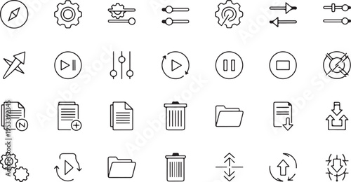A comprehensive collection of minimalist black line interface icons for digital design projects