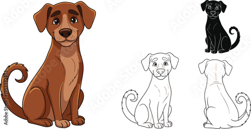 Vector illustration set of a cute brown dog character including flat color, black silhouette, and linear line art versions for pet shop branding and design.