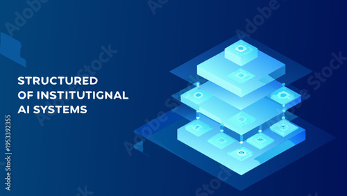 Abstract isometric design featuring layered blue blocks and text about ai systems