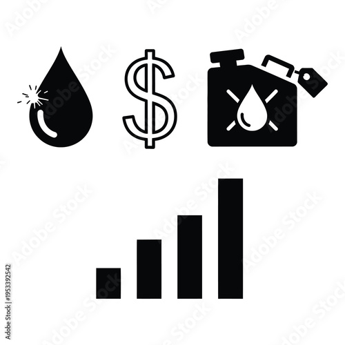 Black icons of oil drop dollar sign gas can and bar chart on white background icon