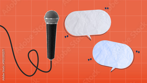 halftone collage microphone with two blank speech bubble on orange grid background for interview quoting text, and podcast
