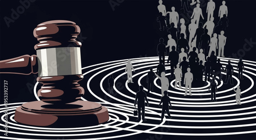 Judge gavel with people silhouettes emerging from concentric circles on black background symbolizing law and order