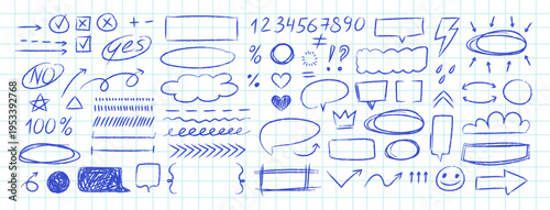 Hand drawn blue ink doodles on squared notebook paper featuring arrows, shapes, icons, and speech bubbles. Scribble sketch style icons for notes, annotation, and infographic highlights.