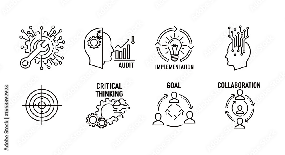 Obraz premium Collection of icons illustrating alert, information, goal, collaboration, and critical thinking concepts.