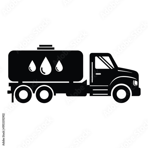Black silhouette of a large truck with tanker and water drop symbols on side icon