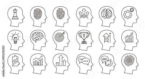 Set of head silhouette icons featuring brain diagrams in profile views.