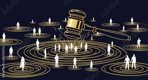 Gavel surrounded by concentric circles and people on ripples symbolizing justice and social impact