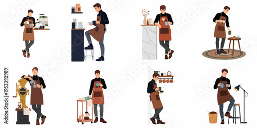Collection of flat vector illustrations featuring a stylish male barista in a brown apron preparing and serving coffee in various café settings.
