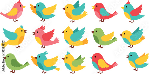 Large collection of colorful cartoon bird vector illustrations in various flying and standing poses for spring designs, children's books, nursery wall art, and festive decorations.