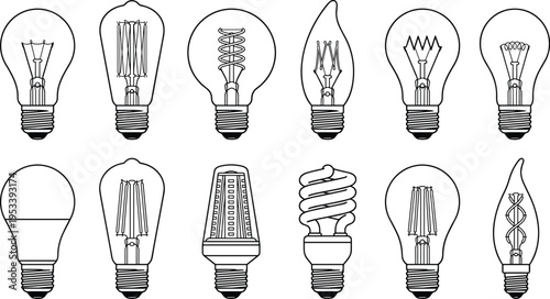 Large collection of light bulb line icons featuring vintage Edison filaments, modern LED lamps, fluorescent spirals, and decorative candle bulbs isolated on white background.