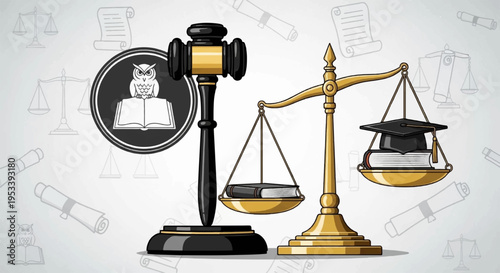Law scale with gavel and legal knowledge books balanced on weights symbolizing justice and education