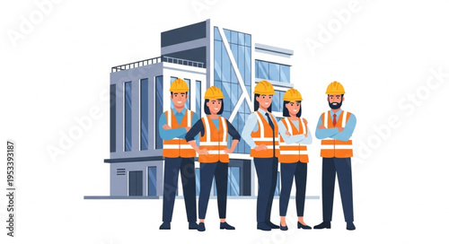 Construction workers standing in front of a modern building.