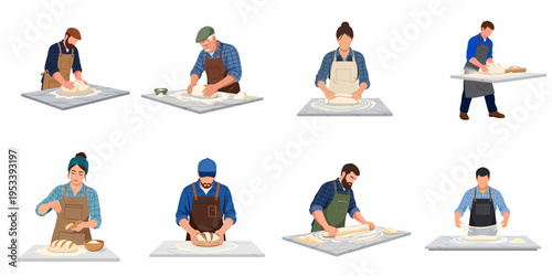 Collection of diverse bakers and pastry chefs kneading, rolling, and preparing fresh bread dough, set of flat illustrations isolated on white.