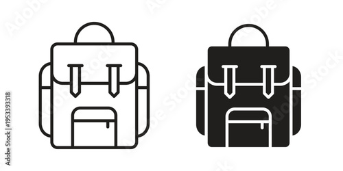 Hiking backpack icon symbols, Solid black and editable stroke icons
