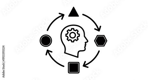 Conceptual illustration of a thinking head with gears and circular workflow arrows.