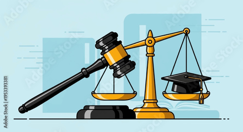 Justice scale with gavel and graduation cap on plates symbolizing law and education balance