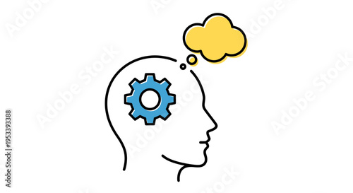 Conceptual illustration of mind with gears and a thought bubble representing creative thinking and cognitive processes.