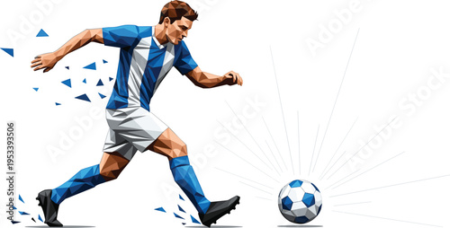 Low poly vector illustration of a professional soccer player in blue and white uniform running to kick a ball with dynamic geometric shatter effects.