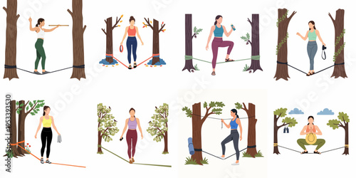 Collection of flat vector illustrations showing women slacklining in various forest settings, highlighting balance, fitness, and outdoor recreation activities.