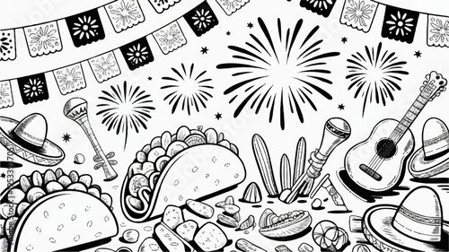 Vibrant black and white cartoon fiesta scene with tacos guitar fireworks and piata celebrating mexican culture