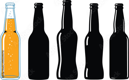 Set of glass beer bottle icons featuring black silhouettes and a detailed color illustration with bubbles and foam isolated on a white background.