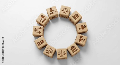 Wooden alphabet blocks arranged in circle on white background for learning and education purposes with letters and symbols