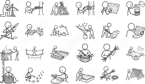 Wilderness Survival Skills Stick Figure Icon Set 24 Pack - Outdoor Bushcraft Camping Activities Hand Drawn Line Art Collection