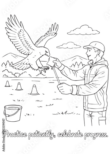 coloring book Practice patiently — a trainer guides an eagle through flight and exercise drills