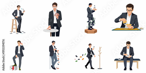 Set of flat illustrations depicting a professional male magician in a suit performing diverse card tricks and illusions on a white background.