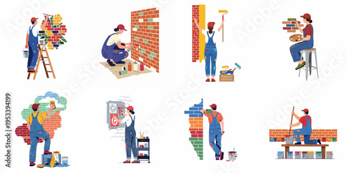 Set of vector illustrations featuring male and female professional painters and street artists decorating and renovating brick walls using various tools and creative techniques.